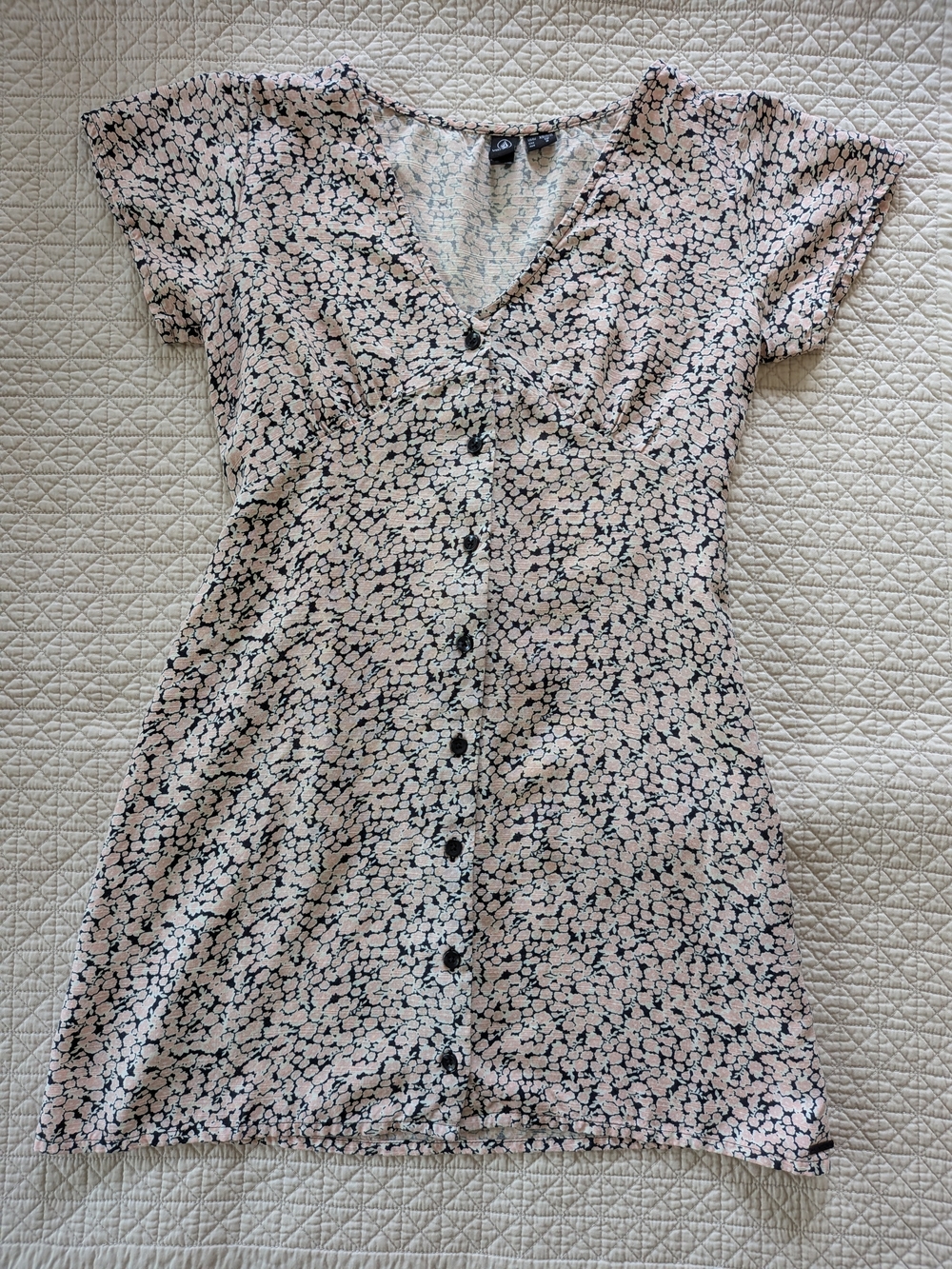 Floral Button-Front Short Sleeve Dress - Pink/Black